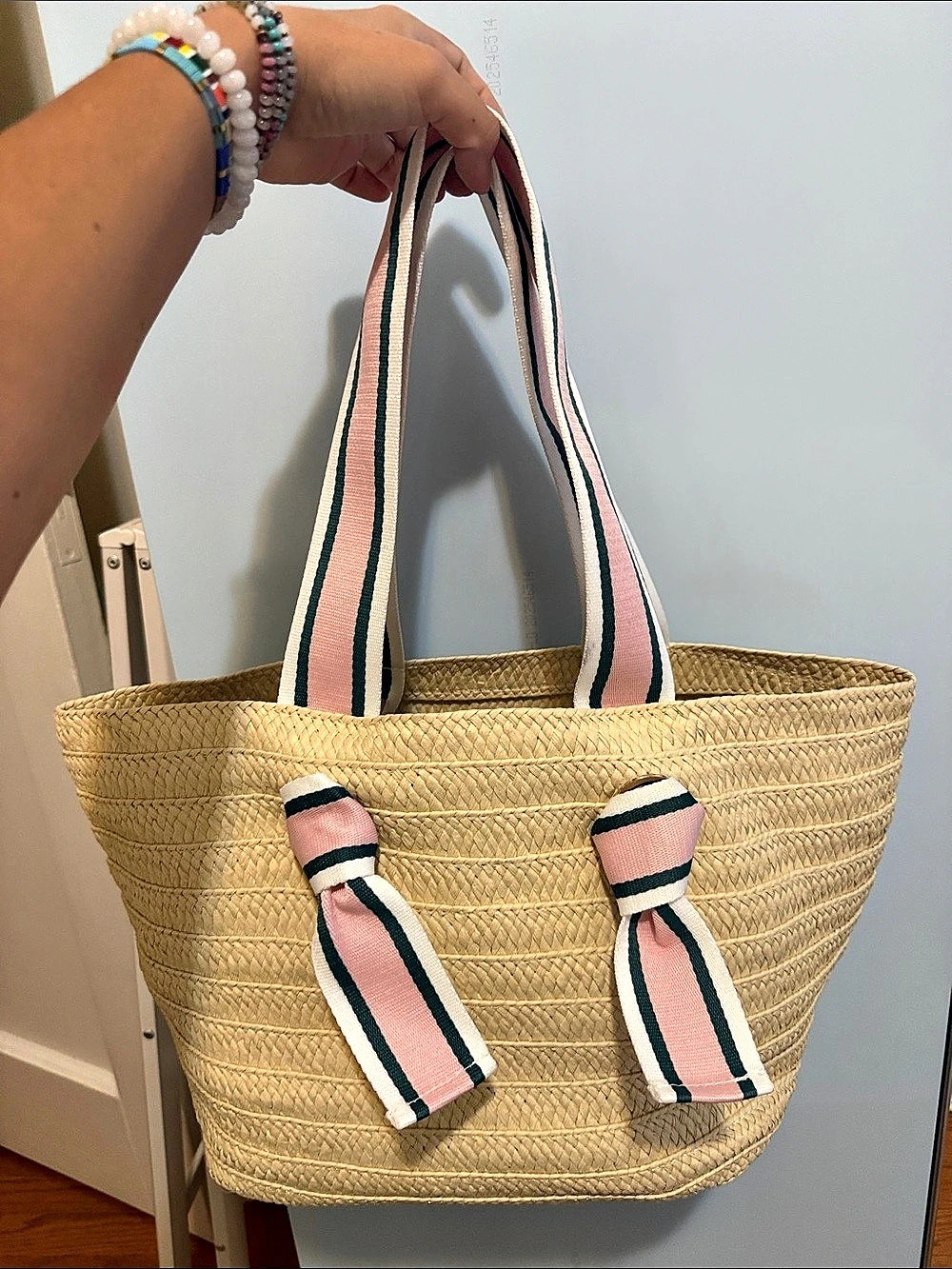 New Mark & Graham Ribbon Bow Bag Woven Tote Cream & Pink